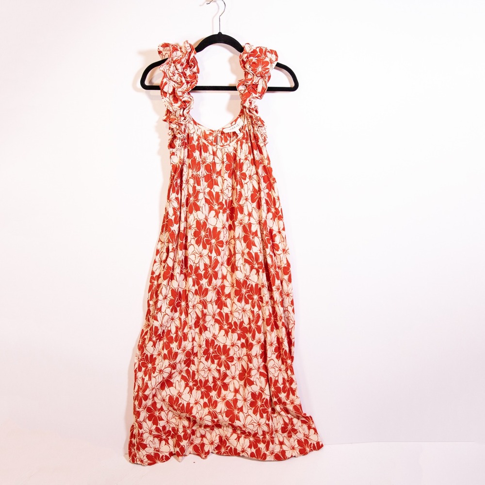 The Great Cascade Dress Crepe Ruffle Sleeve Burnt Red Hibiscus Flower Print Maxi